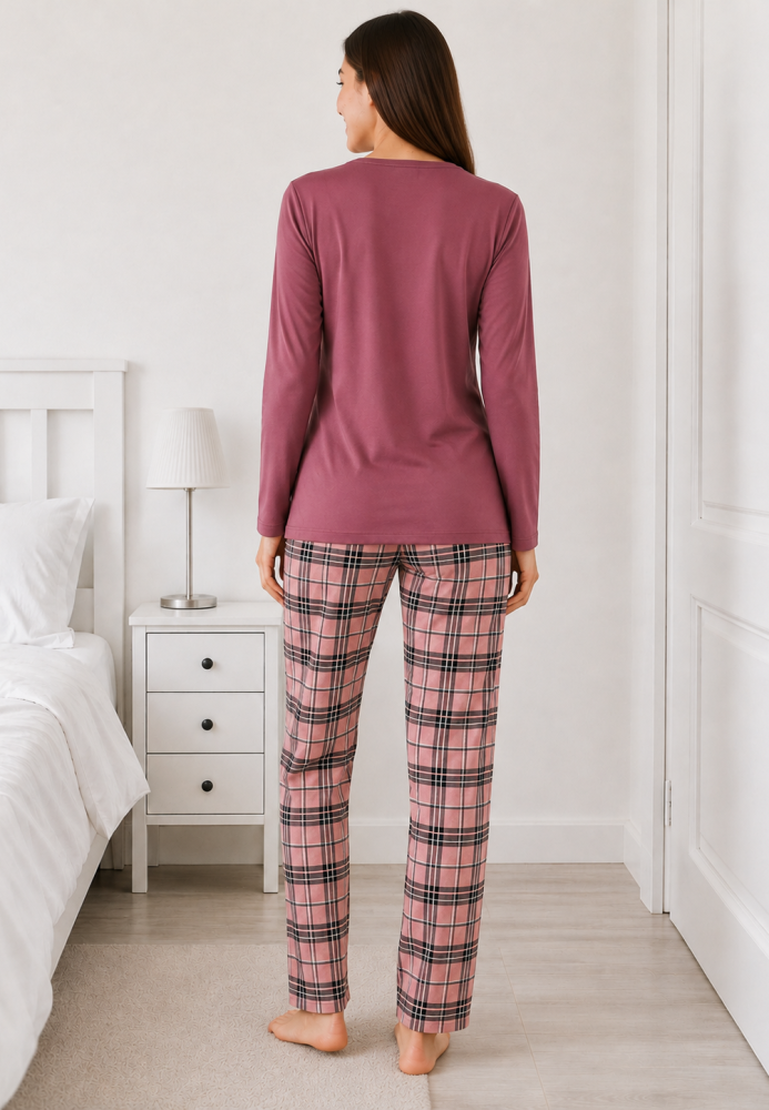 Pijama de damă cu bluză cu maneca lunga și pantaloni lung -Visiniu,Engros